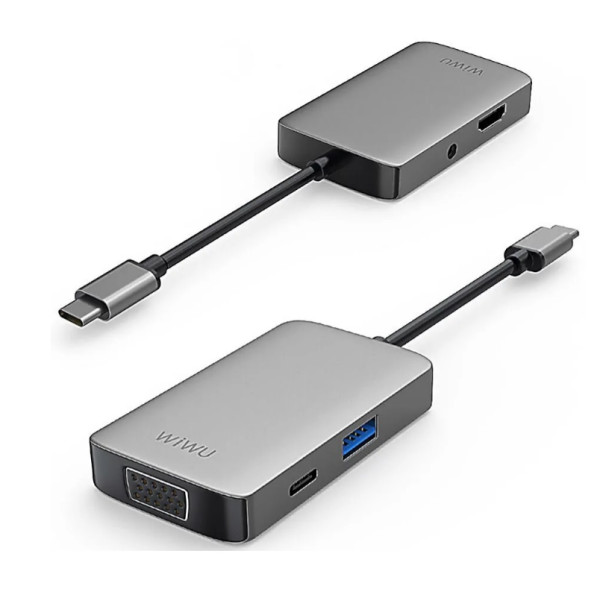 Переходник WiWU Alpha USB-C HUB  5-in-1 A513HVP USB3.0+Type-C+HDMI+VGA+Stereo (gray)
