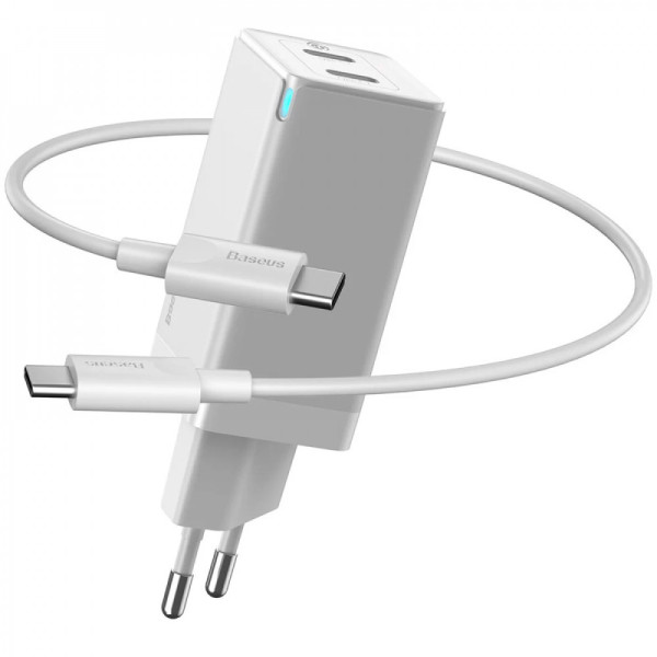 Сетевое зарядное устройство Baseus GaN2 Quick Charger 45W + Type-C to Type-C Cable (Type-C/Type-C) White - фото Сетевое зарядное устройство Baseus GaN2 Quick Charger 45W + Type-C to Type-C Cable (Type-C/Type-C) White