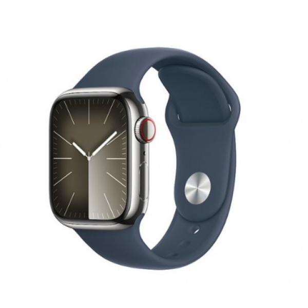 Apple Watch Series 9 GPS + Cellular 41mm Silver S. Steel Case w. Storm Blue Sport Band - S/M (MRJ23)