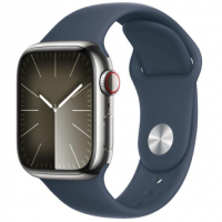 Apple Watch Series 9 GPS + Cellular 41mm Silver S. Steel Case w. Storm Blue Sport Band - M/L (MRJ33)