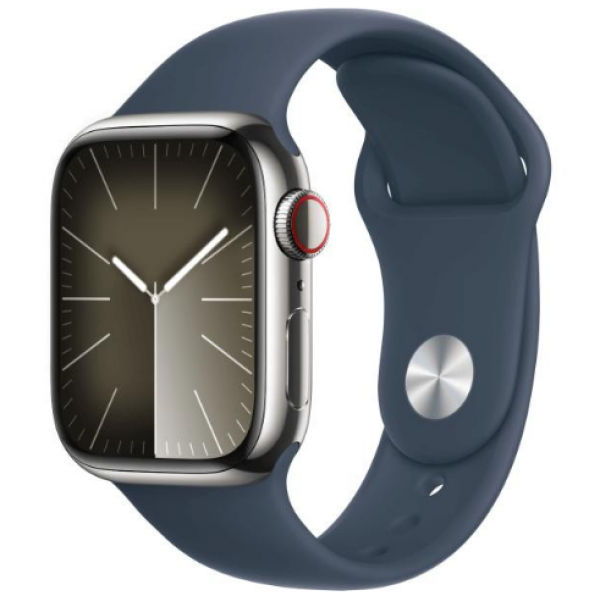 Apple Watch Series 9 GPS + Cellular 45mm Silver S. Steel Case w. Storm Blue Sport Band - S/M (MRMN3)