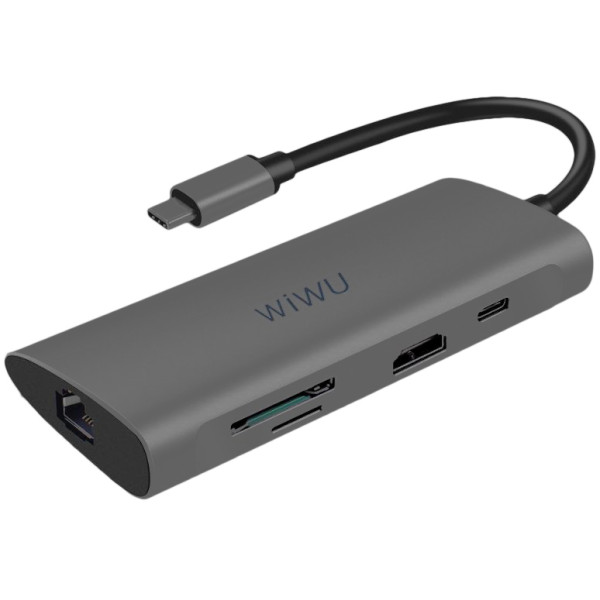 Переходник WiWU Alpha USB-C HUB 8-in-1 A831HRT USB3.0*3+Type-C+HDMI+Micro SD/SD+RJ45 (gray) - фото Переходник WiWU Alpha USB-C HUB 8-in-1 A831HRT USB3.0*3+Type-C+HDMI+Micro SD/SD+RJ45 (gray)