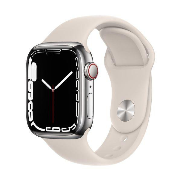 Apple Watch Series 7 GPS + Cellular 41mm Silver Stainless Steel Case w. Starlight Sport Band (MKHE3) - фото Apple Watch Series 7 GPS + Cellular 41mm Silver Stainless Steel Case w. Starlight Sport Band (MKHE3)