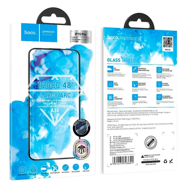 Защитное стекло iPhone 15 Pro Hoco A34 9D Large Arc Dustproof
