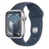Apple Watch Series 9 GPS 45mm Silver Aluminum Case w. Storm Blue Sport Band - S/M (MR9D3)