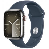 Apple Watch Series 9 GPS + Cellular 41mm Silver S. Steel Case w. Storm Blue Sport Band - M/L (MRJ33)