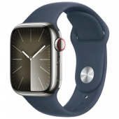 Apple Watch Series 9 GPS + Cellular 45mm Silver S. Steel Case w. Storm Blue Sport Band - S/M (MRMN3)