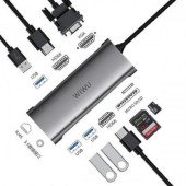 Переходник WiWU Alpha USB-C HUB 11-in-1 A11312H USB3.0*3+Type-C+HDMI*2+Micro SD/SD+RJ45+VGA+Stereo (gray)