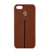 Чехол Накладка для iPhone 5/5S FERRARI Camel CG (коричневый) (кожа)