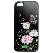 Чехол Накладка для iPhone 5/5S SWAROVSKI BUTTERFLY & FLOWER (черный) (пластик)
