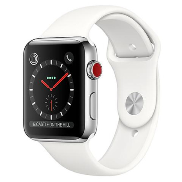 Apple Watch Series 3 GPS + Cellular 38mm Stainless Steel w. Soft White Sport B. (MQLV2)