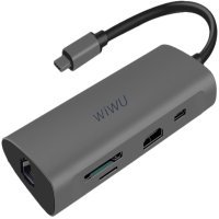 Переходник WiWU Alpha USB-C HUB 8-in-1 A831HRT USB3.0*3+Type-C+HDMI+Micro SD/SD+RJ45 (gray)
