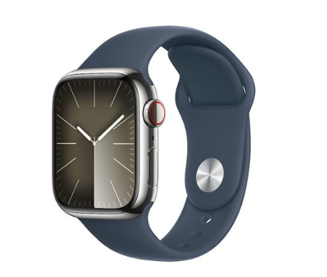 Apple Watch Series 9 GPS + Cellular 41mm Silver S. Steel Case w. Storm Blue Sport Band - S/M (MRJ23)