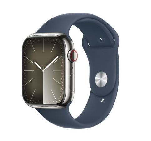 Apple Watch Series 9 GPS + Cellular 45mm Silver S. Steel Case w. Storm Blue S. Band - M/L (MRMP3)