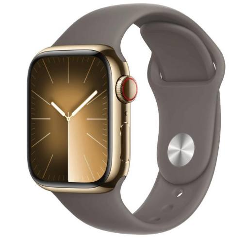 Apple Watch Series 9 GPS + Cellular 45mm Gold S. Steel Case w. Clay Sport Band - S/M (MRMR3)