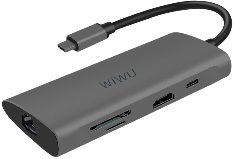 Переходник WiWU Alpha USB-C HUB 8-in-1 A831HRT USB3.0*3+Type-C+HDMI+Micro SD/SD+RJ45 (gray)