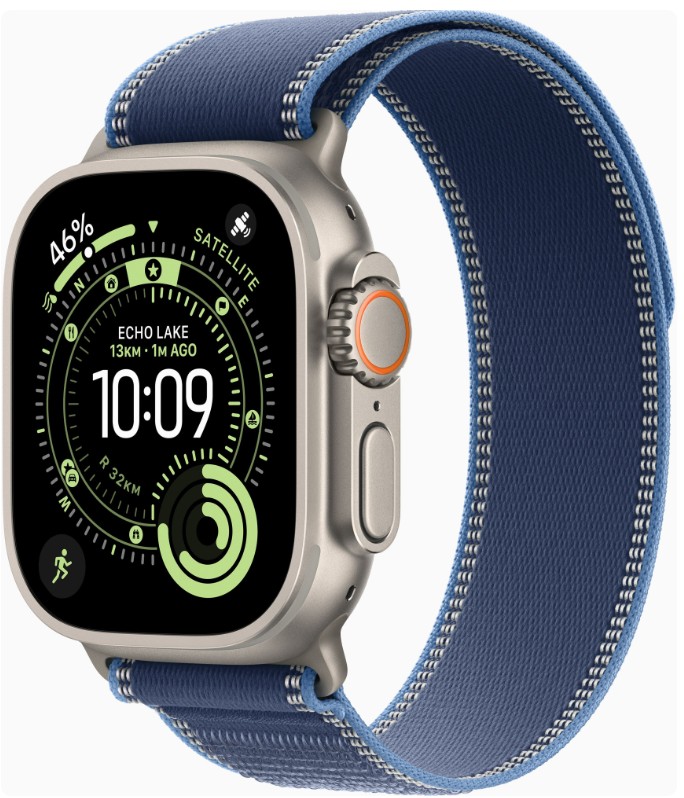 Apple Watch Ultra 3 GPS + Cellular 49mm Natural Tit. Case w. Blue/Bright Blue Trail Loop - S/M (MEWR4)