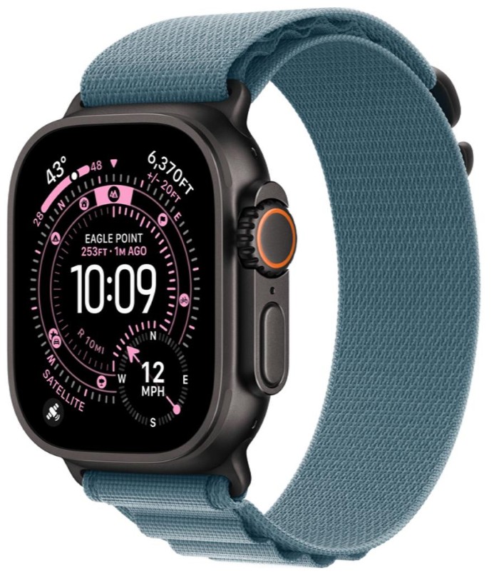 Apple Watch Ultra 3 GPS + Cellular 49mm Black Tit. Case w. Light Blue Alpine Loop - Large (MF254+MG9M4)