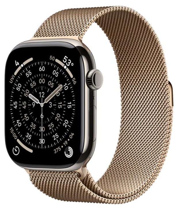 Apple Watch Series 11 GPS + Cellular 46mm Natural Tit. Case w. Gold Milanese Loop - S/M (MFAY4+MGJ44)