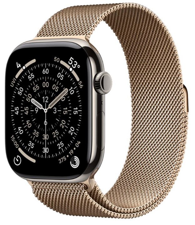 Apple Watch Series 11 GPS + Cellular 46mm Natural Tit. Case w. Gold Milanese Loop - M/L (MFAY4+MGJ54)