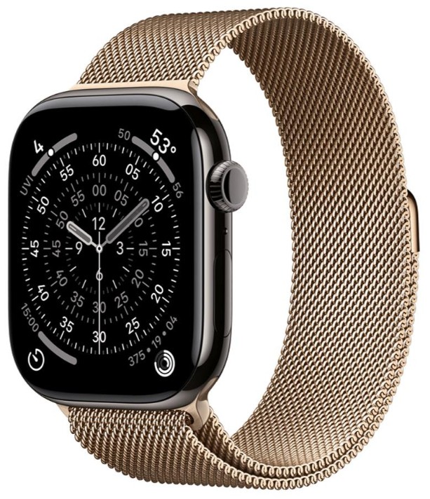 Apple Watch Series 11 GPS + Cellular 46mm Slate Tit. Case w. Gold Milanese Loop - M/L (MFC14+MGJ54)