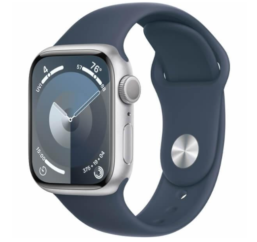 Apple Watch Series 9 GPS 45mm Silver Aluminum Case w. Storm Blue Sport Band - S/M (MR9D3)