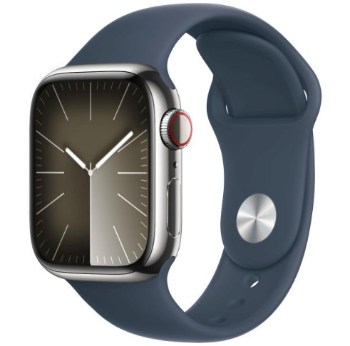 Apple Watch Series 9 GPS + Cellular 45mm Silver S. Steel Case w. Storm Blue Sport Band - S/M (MRMN3)
