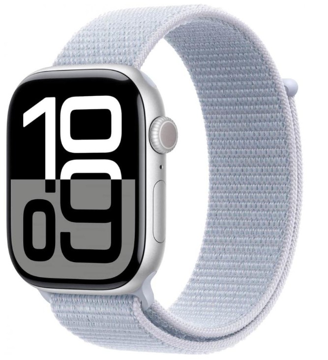 Apple Watch Series 10 GPS 46mm Silver Aluminum Case w. Blue Cloud Sport Loop (MWWN3)