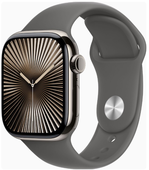 Apple Watch Series 10 GPS + Cellular 42mm Natural Titanium Case w. Stone Grey Sport Band - S/M (MWXD3)