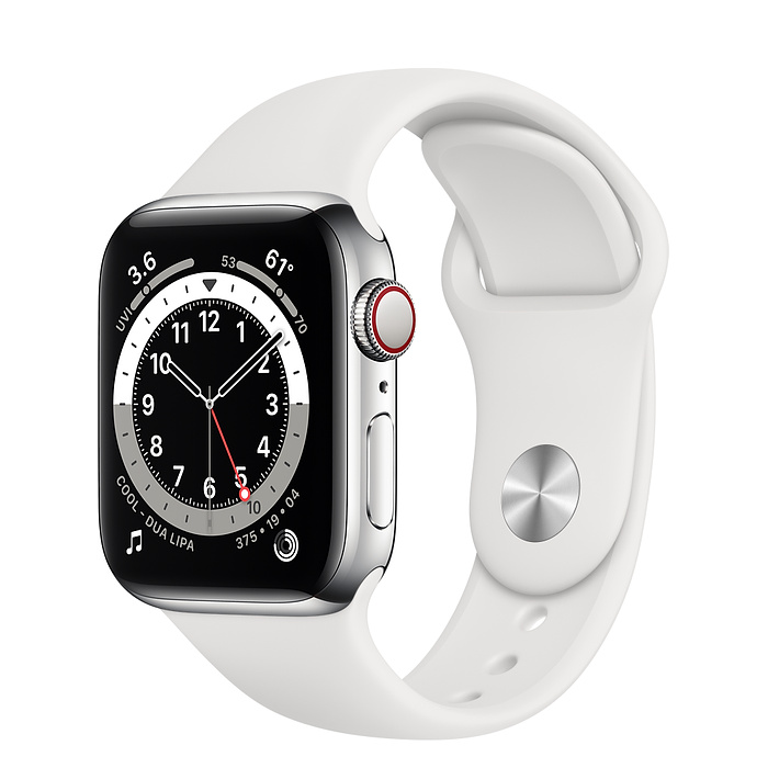 Apple Watch Series 6 GPS + Cellular 44mm Silver Stainless Steel Case w. White Sport B. (M07L3, M09D3)